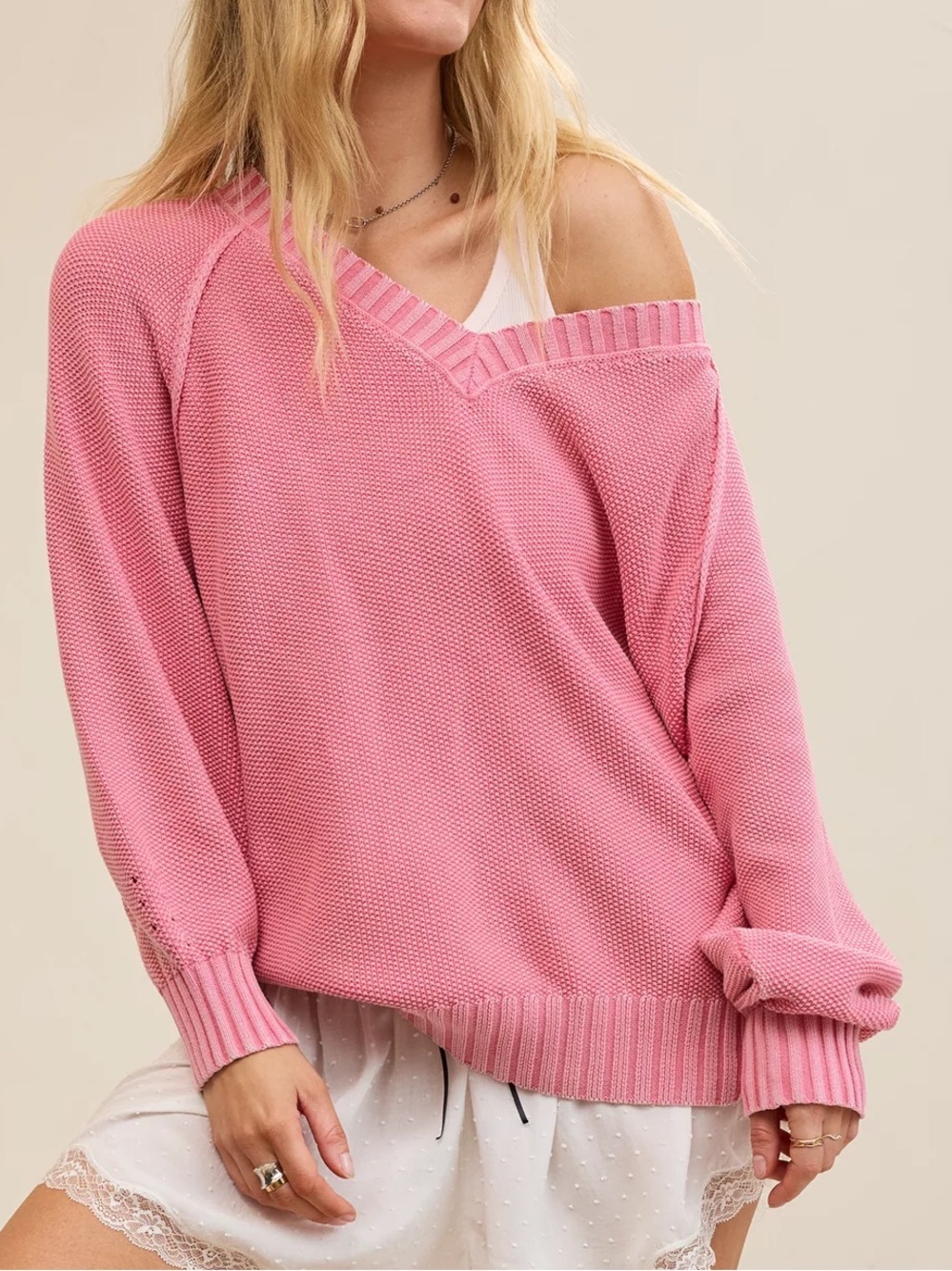 aerie Pink Off-Shoulder V-Neck Knit Sweater